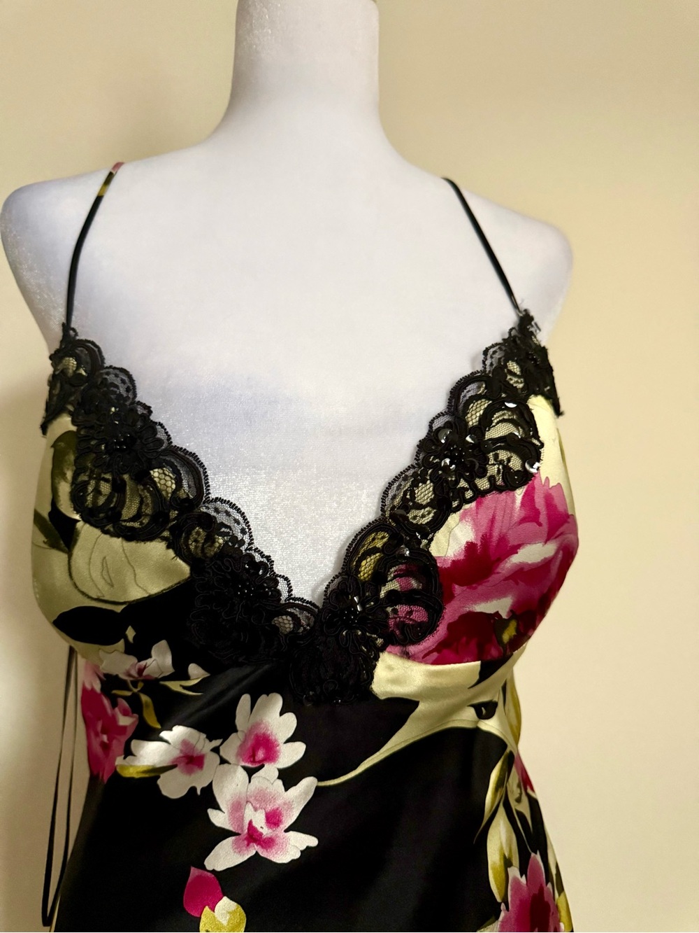 Mary L Couture Black Floral Slip Dress with Pink & Cream Accents 100% Silk - Picture 6 of 12